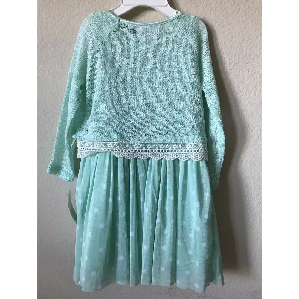 Knit Works Green Hearts Polka Dot Lace Trim Sequin Girls' Dress Set Size 2T